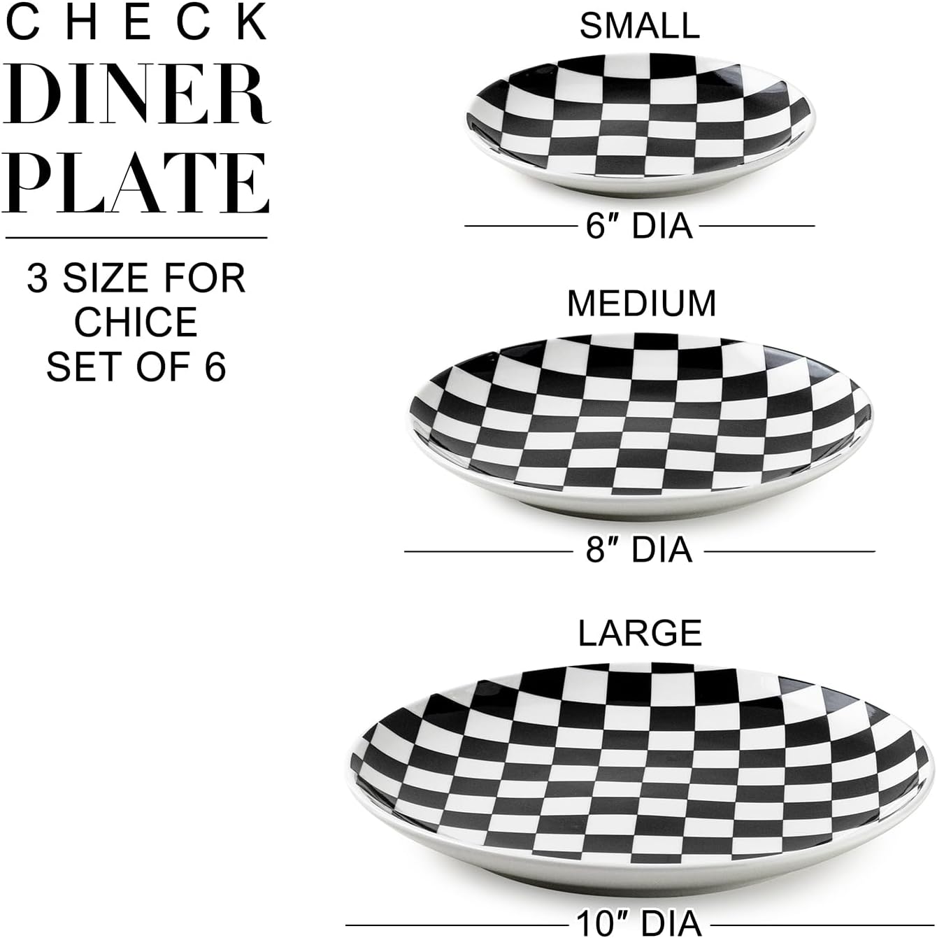 Black and White Checkered Small Dessert Plates Set of 6-6 Inch Ceramic Plates, Microwave & Dishwasher Safe, Minimalist Decorative Platters for Desserts