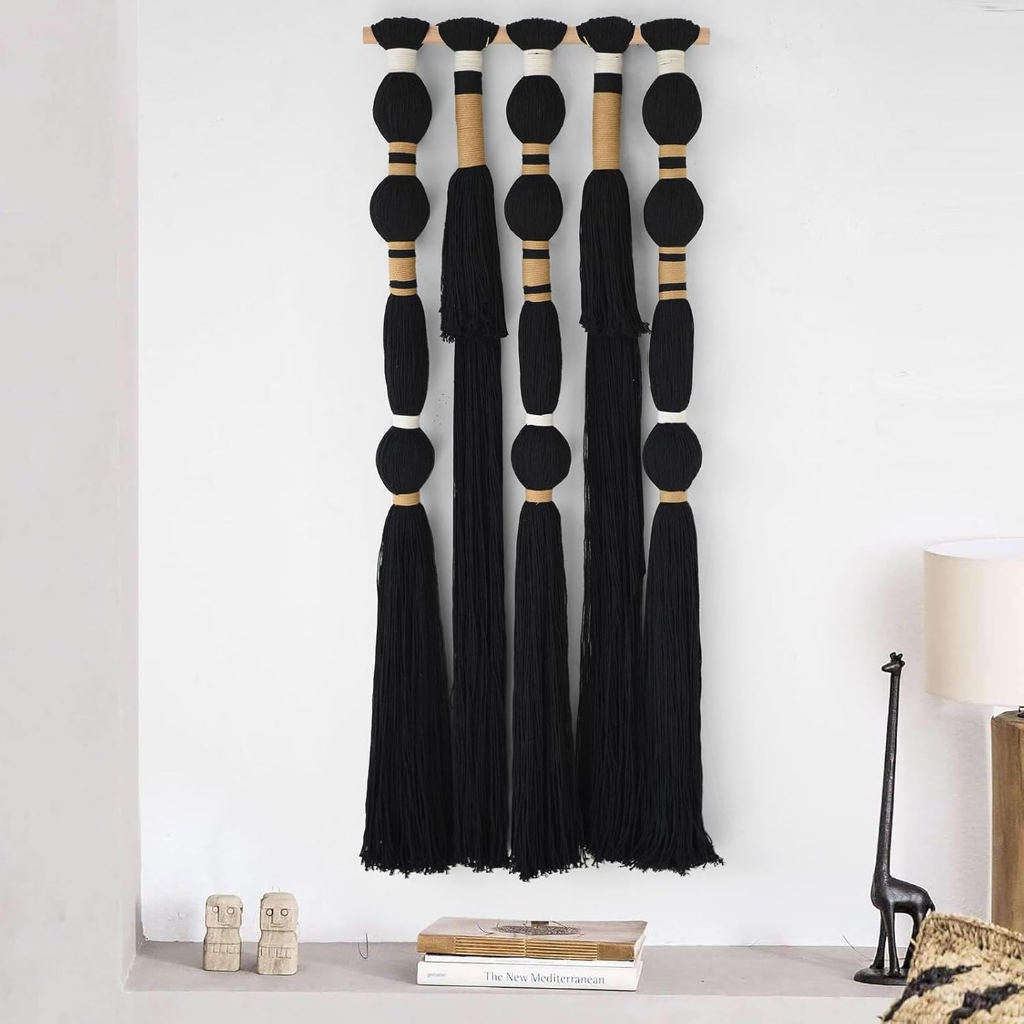 Flber Macrame Wall Hanging Black Sphericity Cotton Tassels Textile Hanging Geometric Yarn Wall Art for Bedroom Living Room Decor 15.7" W x 39" L