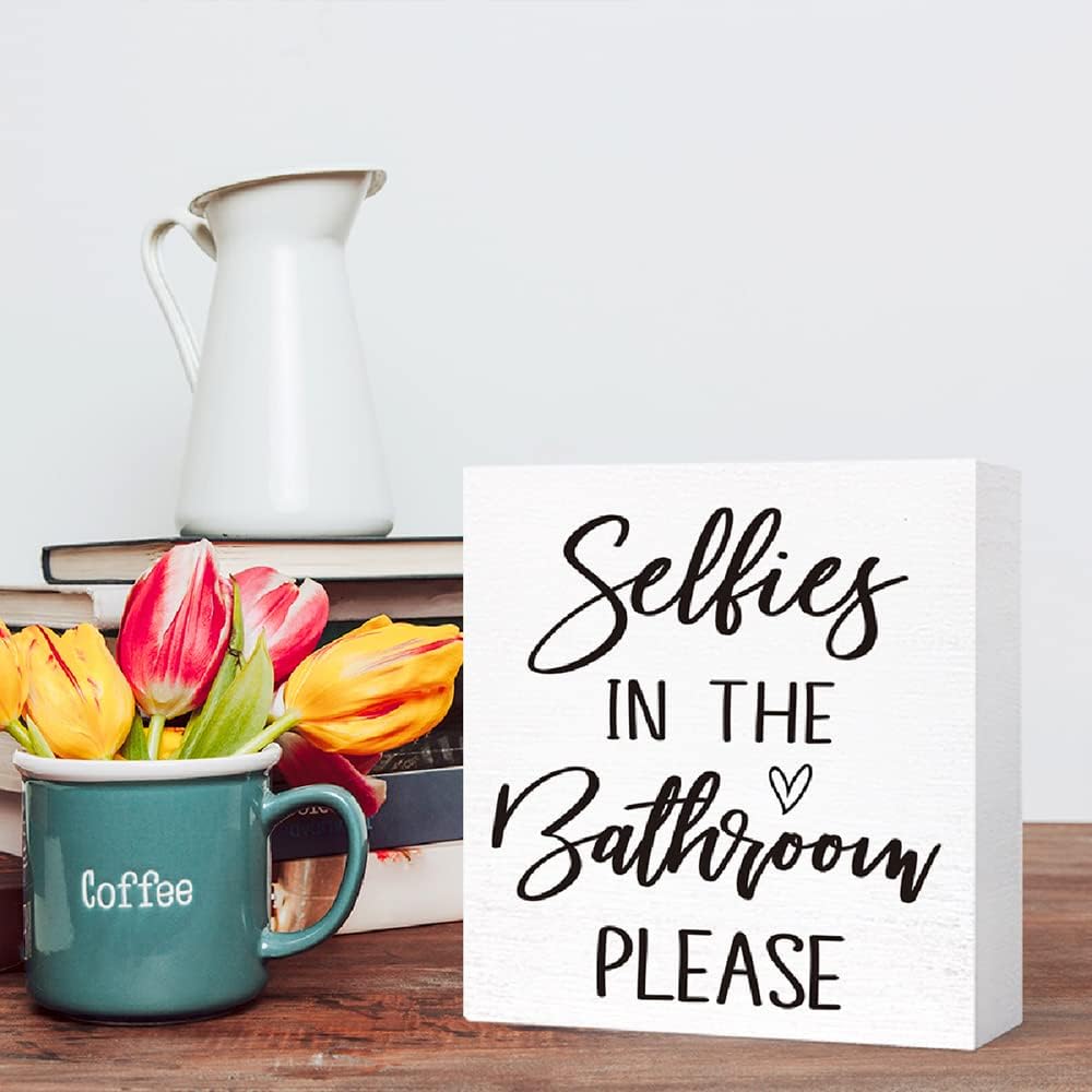 Funny Bathroom Wood Sign Selfies in the Bathroom Please Wood Block Sign for Bathroom Shelf Toilet Restroom Home Tabletop Desk Decor,Farmhouse Bathroom Wooden Box Sign