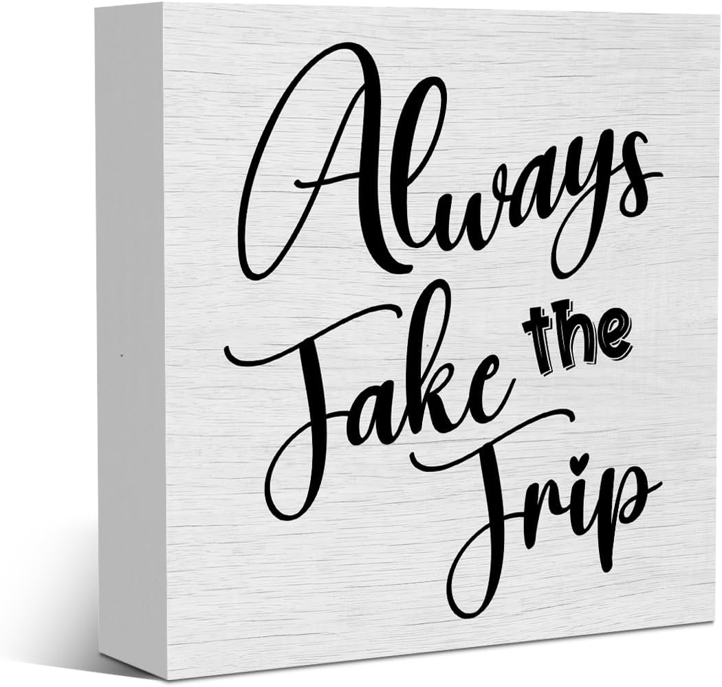 Funny Trip Travel Essentials Rustic Wooden Box Sign, Desk Decor Inspirational Adventurer Gift Office Desk Accessories for Table Shelf Home Classroom Cubicle Decorations Wood Block Box Traveler Sign