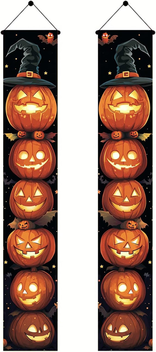 Halloween Door Banner 12x71 Inch Porch Hanging Front Door Indoor Outdoor Stacked Pumpkin Tower Witch Hat Bat Spooky Decorations Vertical Banner