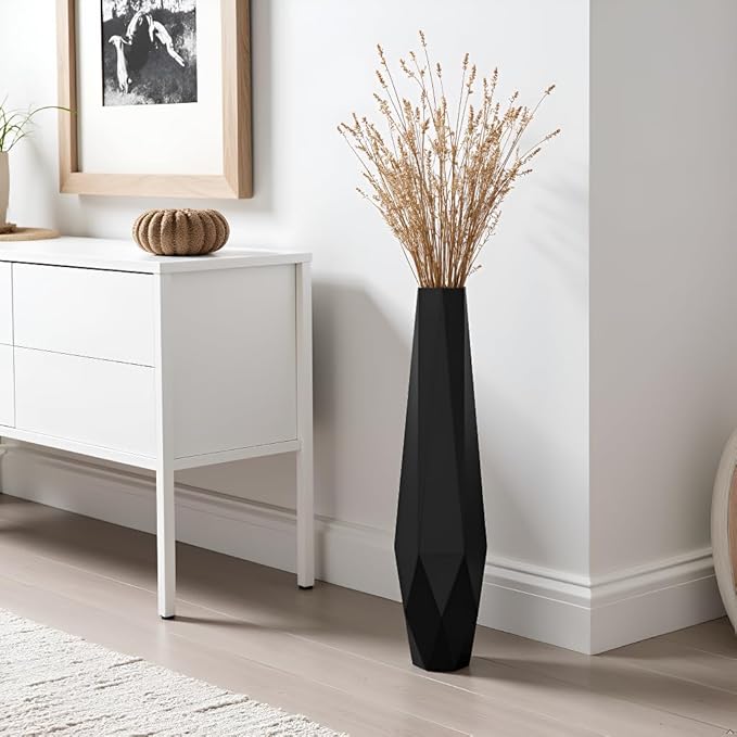 Tall Vases - 27.5" Tall Floor Vase for Home Decor, Resin Floor Vase with Handmade Dimensional Geometric Style, Fits Into Hay/Pampas Grass, Boho Living Room Decor (Black)