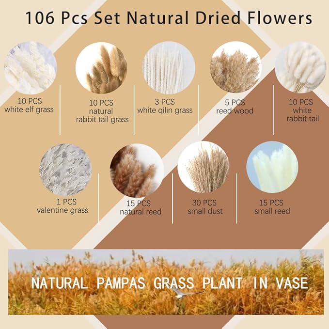 106pcs Natural Dried Pampas Grass Decor with Vase Artificial Flowers in Vase Boho Home Decor Bouquet Bunny Tails Dried Flowers, Reed Grass Bouquet for Wedding Floral Arrangements (106pcs)