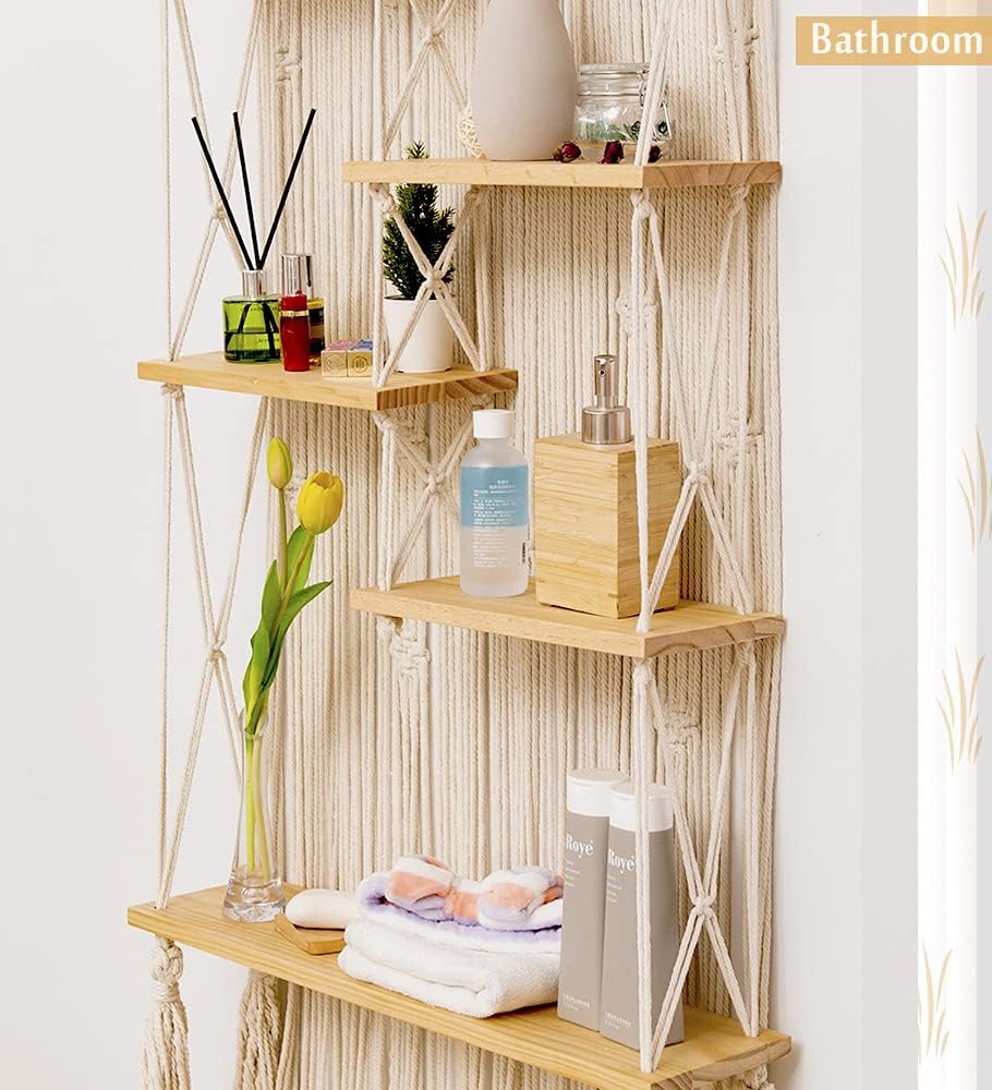 jontell Macrame Wall Hanging Shelf- Macrame Shelves Handmade Decorative Floating Boho Shelf-Plant Shelf Display Rack to Organize and Decor for Living Room, Bedroom, Bathroom…