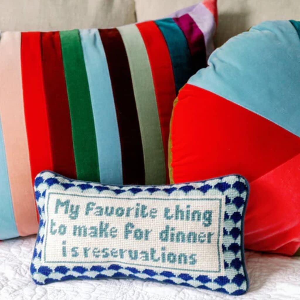 FURBISH Needlepoint Decorative Throw Pillow - with Reservations - 8" x 14" - Small Embroidered Accent Pillow for Bed, Chair, Couch, Sofa - Eclectic Home Decor