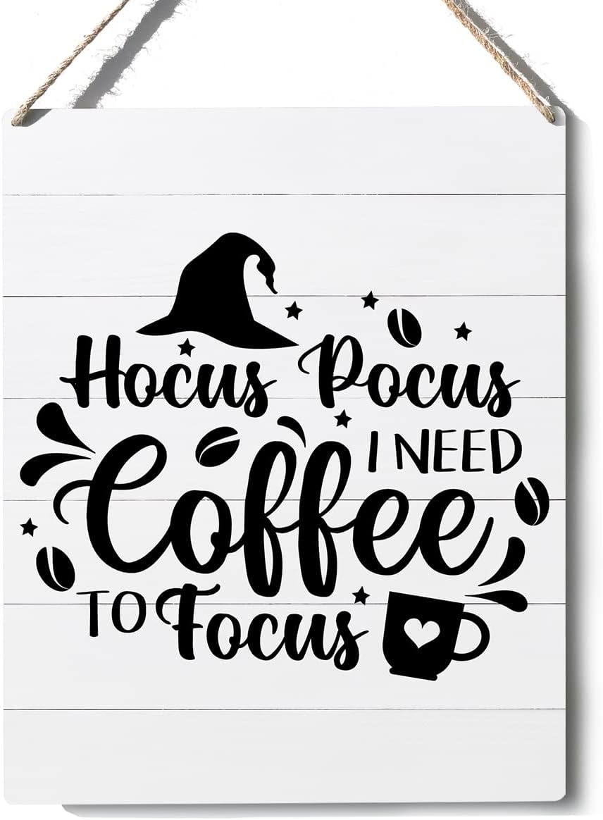 Funny Hocus Pocus I Need Coffee to Focus Wooden Sign Plaque Wall Hanging Posters Farmhouse 10”X8” Rustic Home Office Decoration…