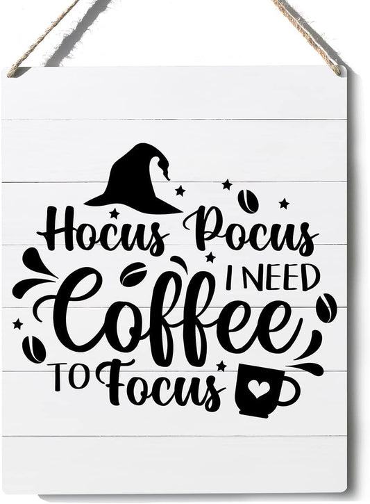 Funny Hocus Pocus I Need Coffee to Focus Wooden Sign Plaque Wall Hanging Posters Farmhouse 10”X8” Rustic Home Office Decoration…