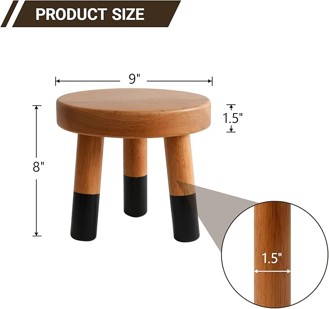 Rubber Wood 9" Round Plant Stand |Dip Dyed Black Stool, Wood Riser |Milking Stool (8" H)