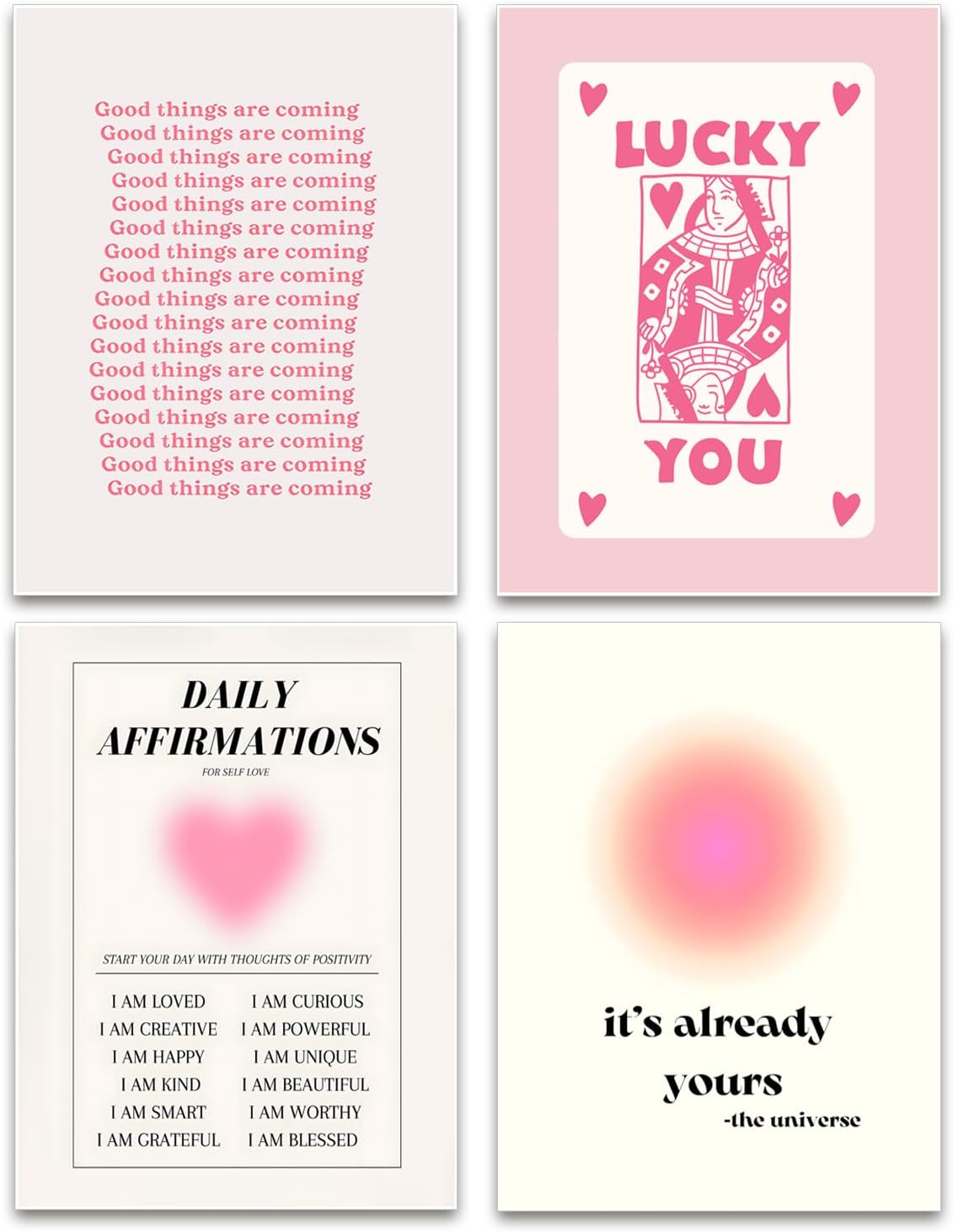 Hwetui Preppy Pink Aura posters Daily Affirmations Wall Art Trendy Y2K Canvas Prints Cute Lucky You Painting Retro Aesthetic Room Decor Picture for College Dorm Bedroom 12x16Inch Set of 4 Unframed