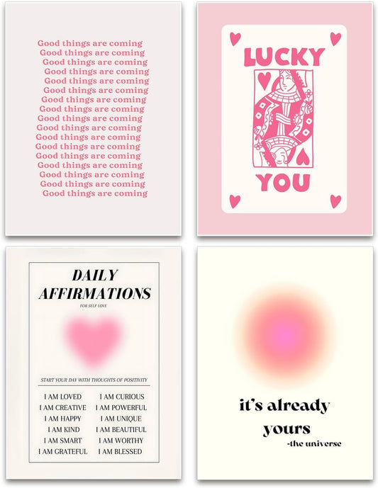 Hwetui Preppy Pink Aura posters Daily Affirmations Wall Art Trendy Y2K Canvas Prints Cute Lucky You Painting Retro Aesthetic Room Decor Picture for College Dorm Bedroom 12x16Inch Set of 4 Unframed