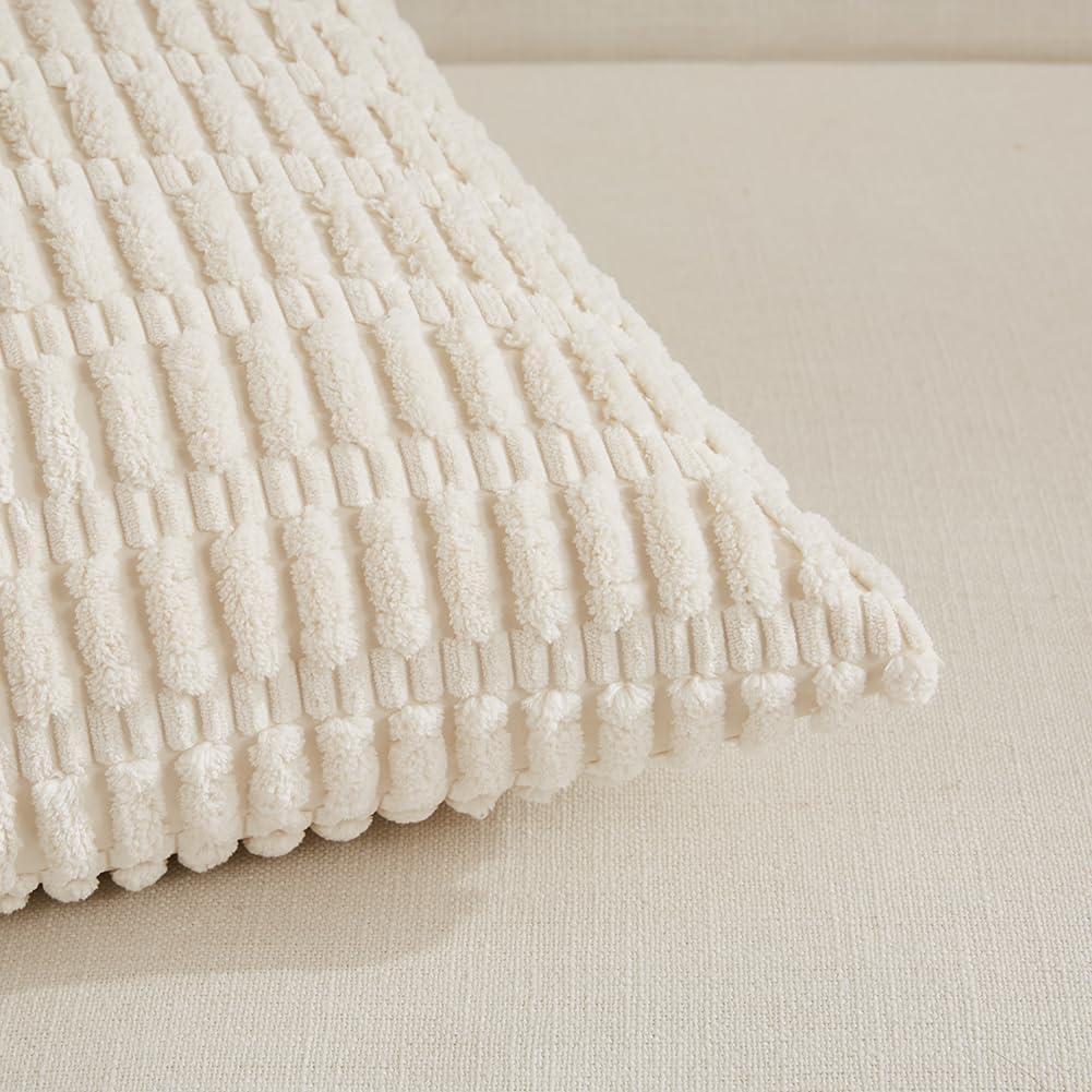 Fancy Homi 4 Packs Boho Cream Decorative Throw Pillow Covers 18x18 Inch for Living Room Couch Bed Sofa, Rustic Modern Farmhouse Home Decor, Soft Plush Corduroy Cute Square Beige Cushion Case 45x45 cm