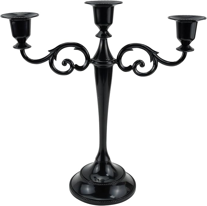 3 Candle Metal Candelabra Candlesticks Holder for Formal Events, Wedding, Church, Holiday Décor, Halloween Taper Candle Holder Stand Centerpiece Elegant Decoration Piece for Table, Black
