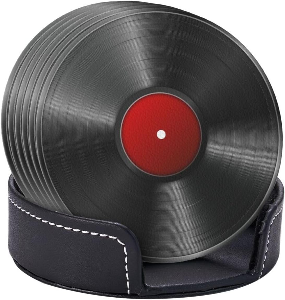 Drink Coasters with Holder Stand Set of 6, Phonograph Record Vinyl Pu Leather Absorbent Coasters with Cork Base Round Table Coaster for Housewarming Apartment Kitchen Bar Decor