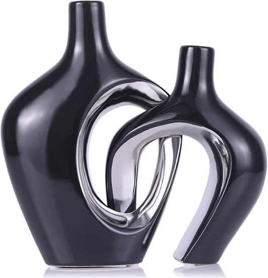 Black and Silver Hollow Ceramic Vase Set of 2, Modern Nordic Boho ins Style Aesthetic Decorative Flower Vase for Home Decor, Wedding, Living, Bedroom, Dining Table, Shelf, Mantle, Office Decor