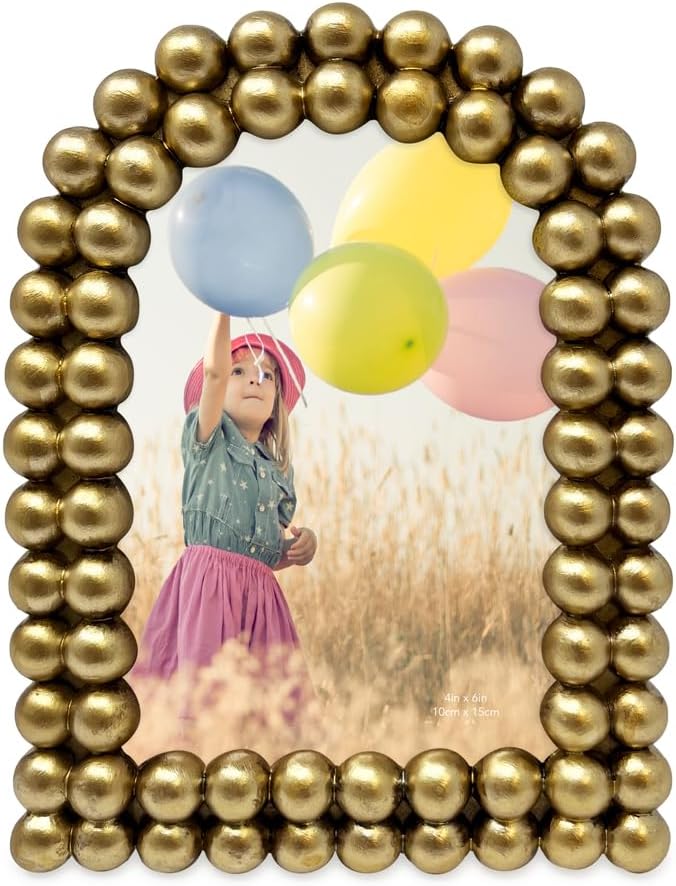 Isaac Jacobs 4x6 Antique Gold Double Bauble Arch Photo Frame with Black Fabric Easel, Tabletop, Wall-Mountable, Shelf and Desk, Decorative Art Design, Home Décor (4x6, Antique Gold)