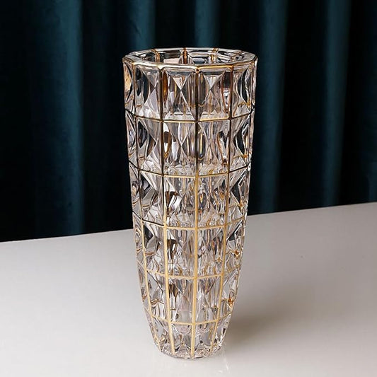 Hand Painted Gold Unique Diamond-Shaped Glass Flower Vase 11.8" Tall for Home Decor, Dining Wedding Table Office Holiday Party Centerpiece Decoration.