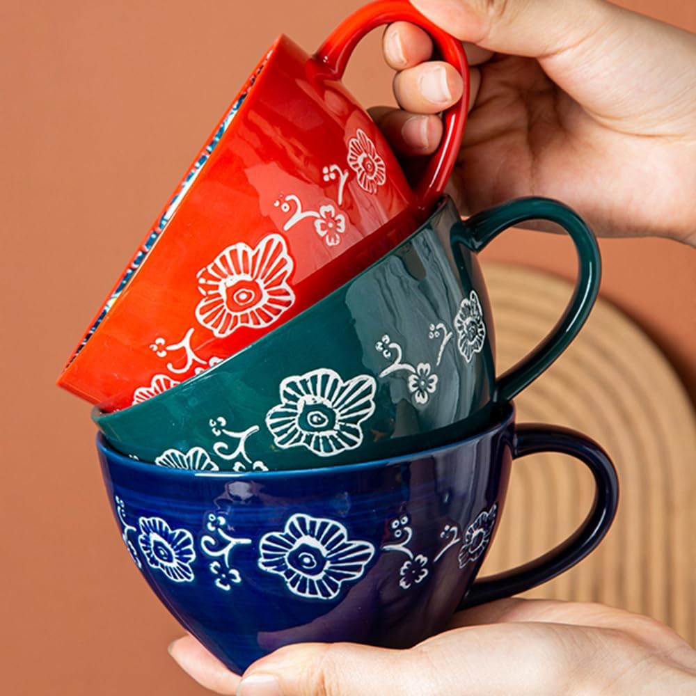 Bohemian Hand-Painted Ceramic Mug, 15 Oz Large Coffee Cup for Milk, Tea, and Breakfast, Dishwasher & Microwave Safe Artisan Cup, Green-J