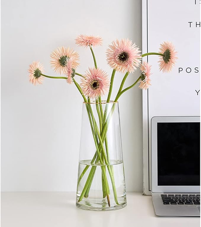 Clear Glass Flower Vase with Gold Mouth for Centerpieces Home Wedding Decoration (1, Large 5.2" x 9.9“)