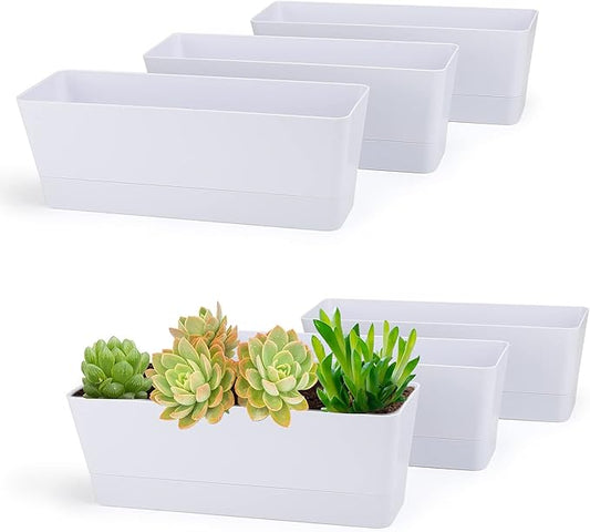 GREANER 12x3.8 Inch Herb Planters, 6 Pack White Rectangle Window Boxes with Tray, Indoor Succulent Cactus Mint Plastic Pot with Saucer for Windowsill, Balcony, Office, Outdoor Garden