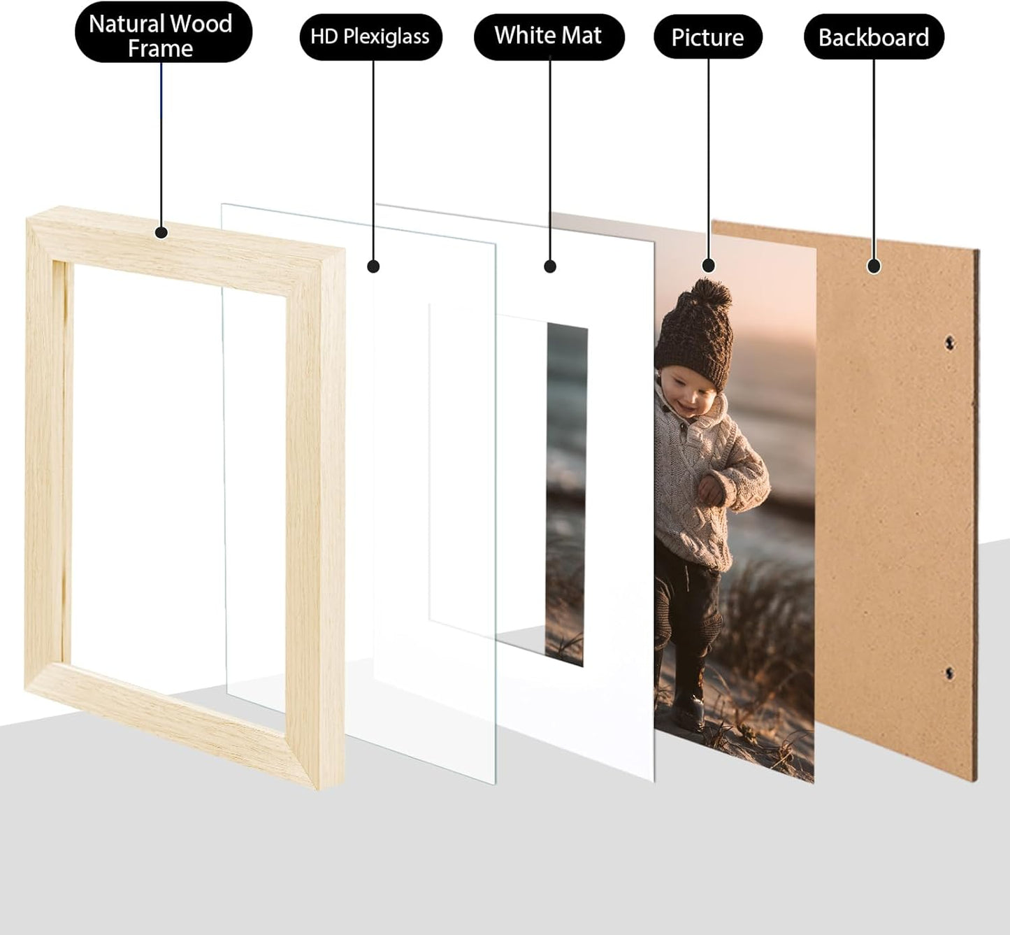 KINLINK A4 Picture Frame, White Oak Solid Wood Frames with Acrylic Plexiglass for Pictures A5 with Mat or A4 without Mat, Tabletop and Wall Display Photo Frame 4 Pack