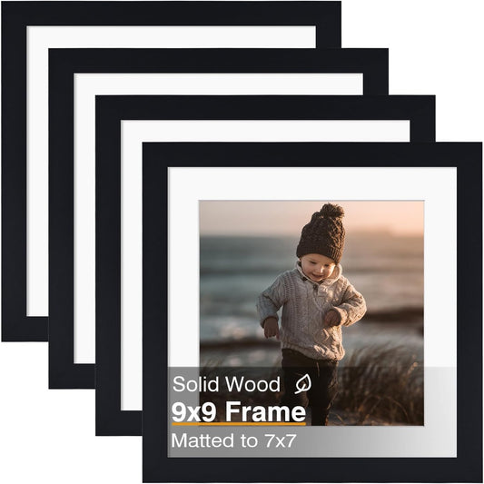 KINLINK 9x9 Picture Frame, Black Square Solid Wood Frames for Pictures 7x7 with Mat or 9x9 without Mat, Wall and Tabletop Display Photo Frames Black 4 Pack