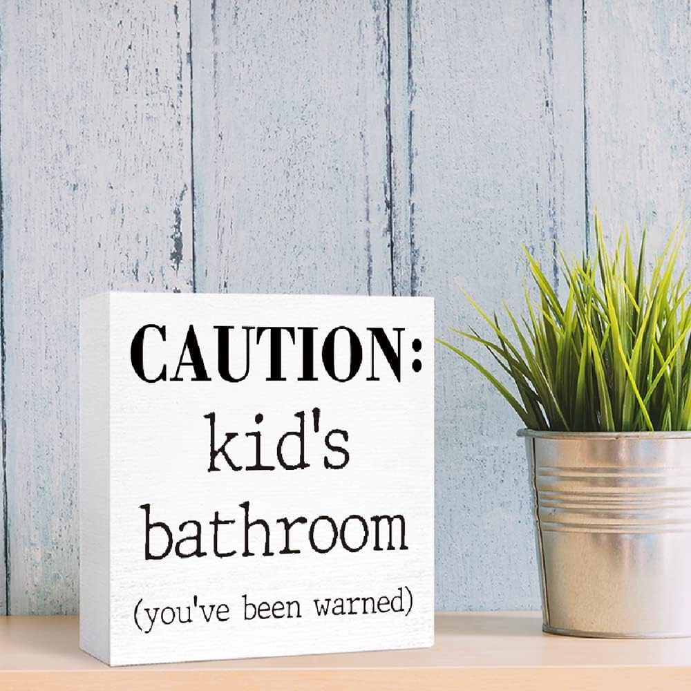 Kids Bathroom Sign Wood Block,Funny Kid's Bathroom Caution Wood Block Sign for Kid Washroom Shelf Toilet Restroom Shelves Decor 5"L x 5"W x 1.1"H