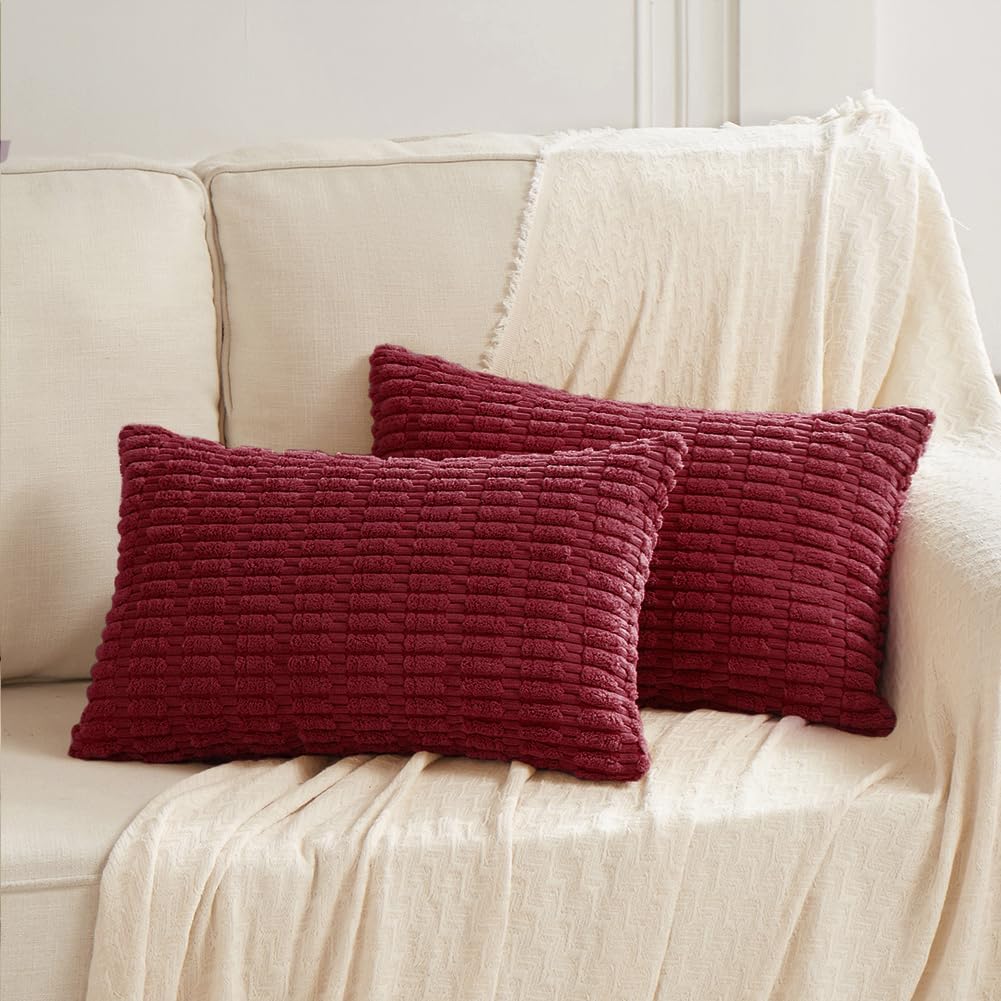 Fancy Homi Christmas Wine Red Decorative Throw Pillow Covers 14x24 Inch for Living Room Couch Bed Sofa, Modern Farmhouse Boho Home Decor, Soft Corduroy Burgundy Square Cushion Case 35x60 cm