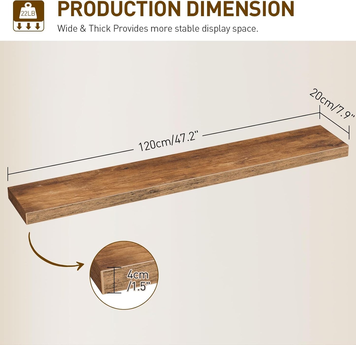 Floating Shelves for Wall, 1.5" Thick Wall Shelf Set of 3 with Invisible Bracket, L47.2 x W7.9 Hanging Shelves Farmhouse Home Decor for Bathroom, Living Room, Bedroom, Rustic Brown 12301BJP3BF