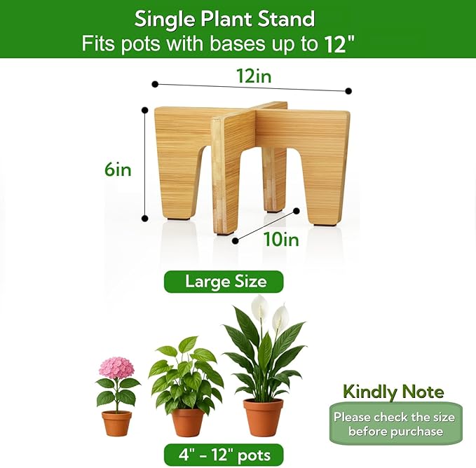 Plant Stands Indoor Outdoor, Plant Risers for Inside Pots Sturdy Short Plants Holder, Flower Pot Stand for Indoor Plants, Small Single Floor Plant Bamboo Display Stand (Natural 12“ (2 pack))