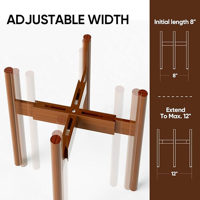 MUDEELA 14.5 Inch Tall Plant Stand for Indoor, Adjustable Width Bamboo Plant Stand for 8 9 10 11 12 Inches Pot, Single Tier Planter Holder Floor Stand, Mid Century Modern Style, Dark Brown, Without Pot