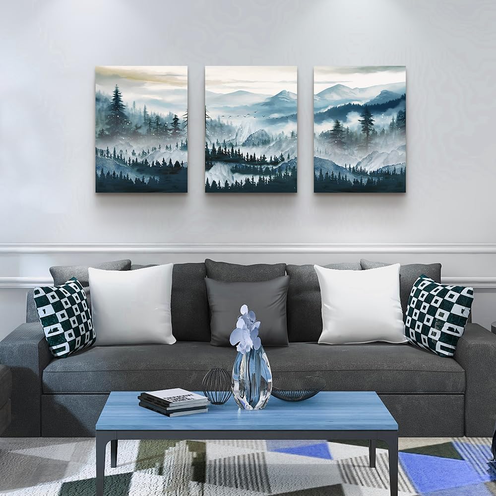 MHARTK66 Canvas Wall Art For Living Room Framed Wall Decor For Bedroom Office Decoration Fog Mountain Forest Posters Landscape Wall Painting Print Pictures Artworks Ready to Hang Home Decor 3 Piece