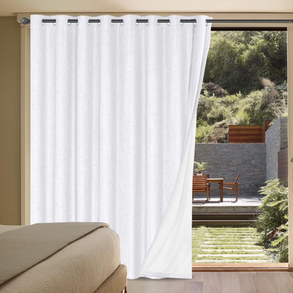 H.VERSAILTEX Linen Blackout Curtains Durable Thick Textured Linen Look 100% Blackout Patio Door Curtain Anti Rust Grommet Extra Wide Sliding Door Curtain Panel, W100 x L96 inch - Pure White