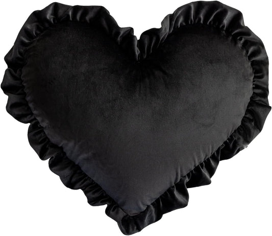 Heart Pillows, Cute Soft Room Decor Ruffled Love Heart Shape Throw Pillows Sofa Cushion Pillow for Living Room Bed Chair Car Floor Home Decoration, Black
