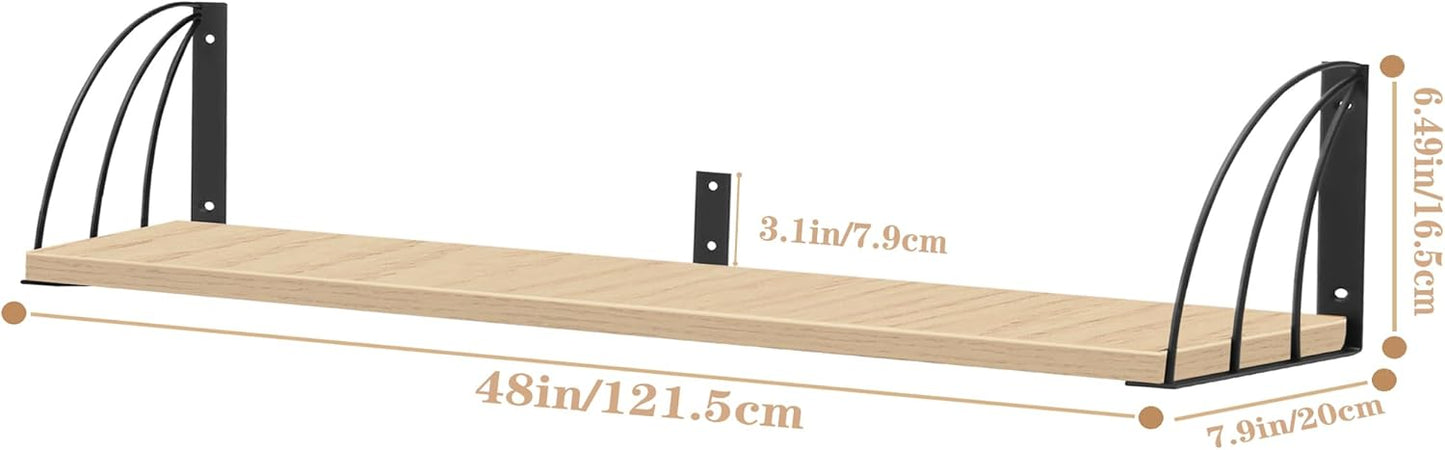 Long 48 Inch Oak Wall Bookshelf- Curved Fan-Shaped Design with Built-in Anti-Slip Book Stops|0.71" Thicker Heavy Duty White Oak Floating Shelves|Floating Book Shelf for Wall,Home Décor Set of 2