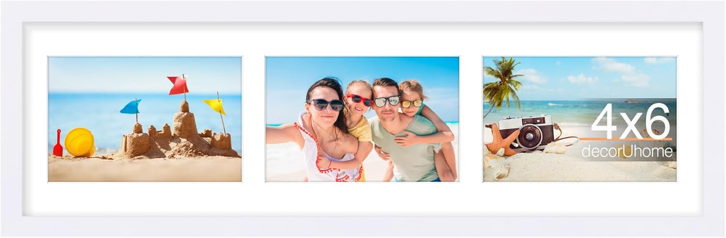 decorUhome 6x20 Picture Frames Collage Wall Decor, Display 3Pcs 4x6 Photos with Mat or 1Pcs 6x20 Unmatted, 3 4x6 Collage Picture Frames for Wall Mounting, White