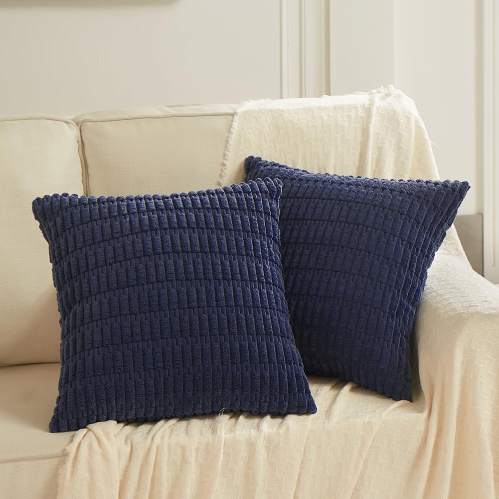 Fancy Homi Navy Blue Decorative Throw Pillow Covers 18x18 Inch for Living Room Couch Bed Sofa, Soft Corduroy Square Cushion Case 45x45 cm, Rustic Modern Farmhouse Boho Home Decor