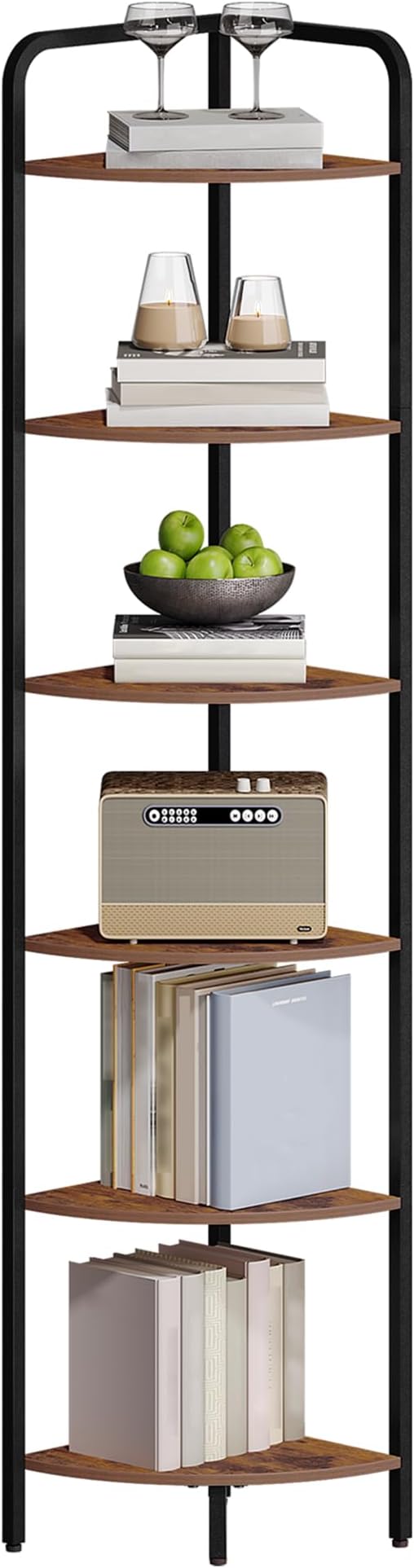 Corner Shelf Stand, Corner Bookshelf, Plant Shelf, Corner Display Rack, Standing Shelf with Metal Frame for Living Room, Bathroom, Kitchen, Industrial Style, 6 Tier Rustic Brown CS06601B
