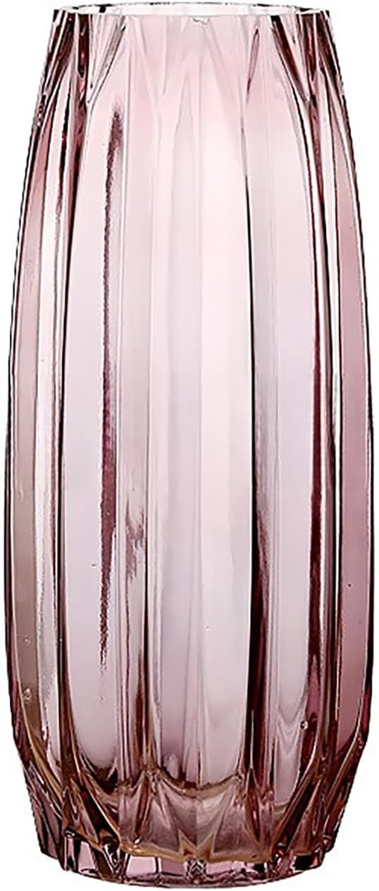 Purple Pink Ribbed Glass Vase for Flowers and Candles - Modern Centerpiece (H12.0 inch)