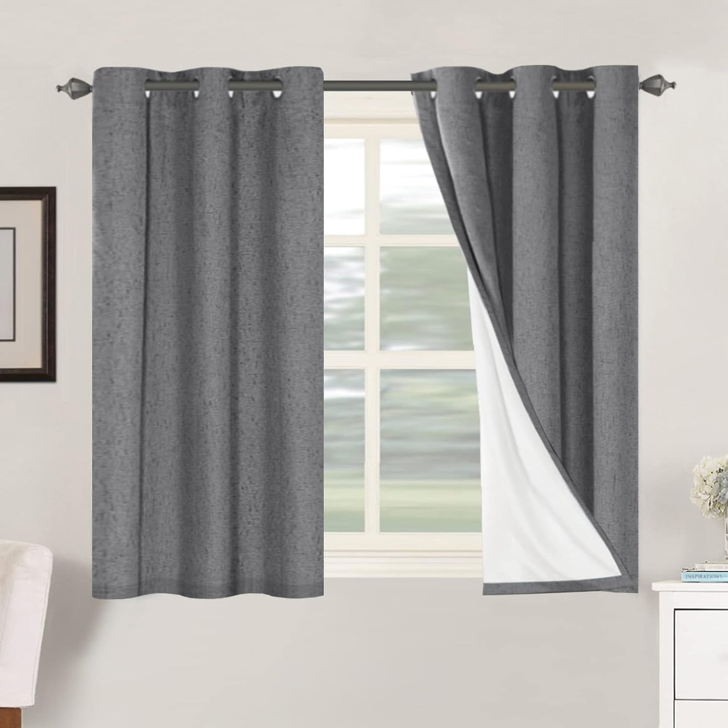 H.VERSAILTEX Primitive Linen Curtains 100% Blackout Curtain Drapes Burlap Fabric Curtains with White Thermal Insulated Liner, Grommet Top Drapes Living Room/Bedroom (2 Panels, 42 x 45 Inch, Grey)