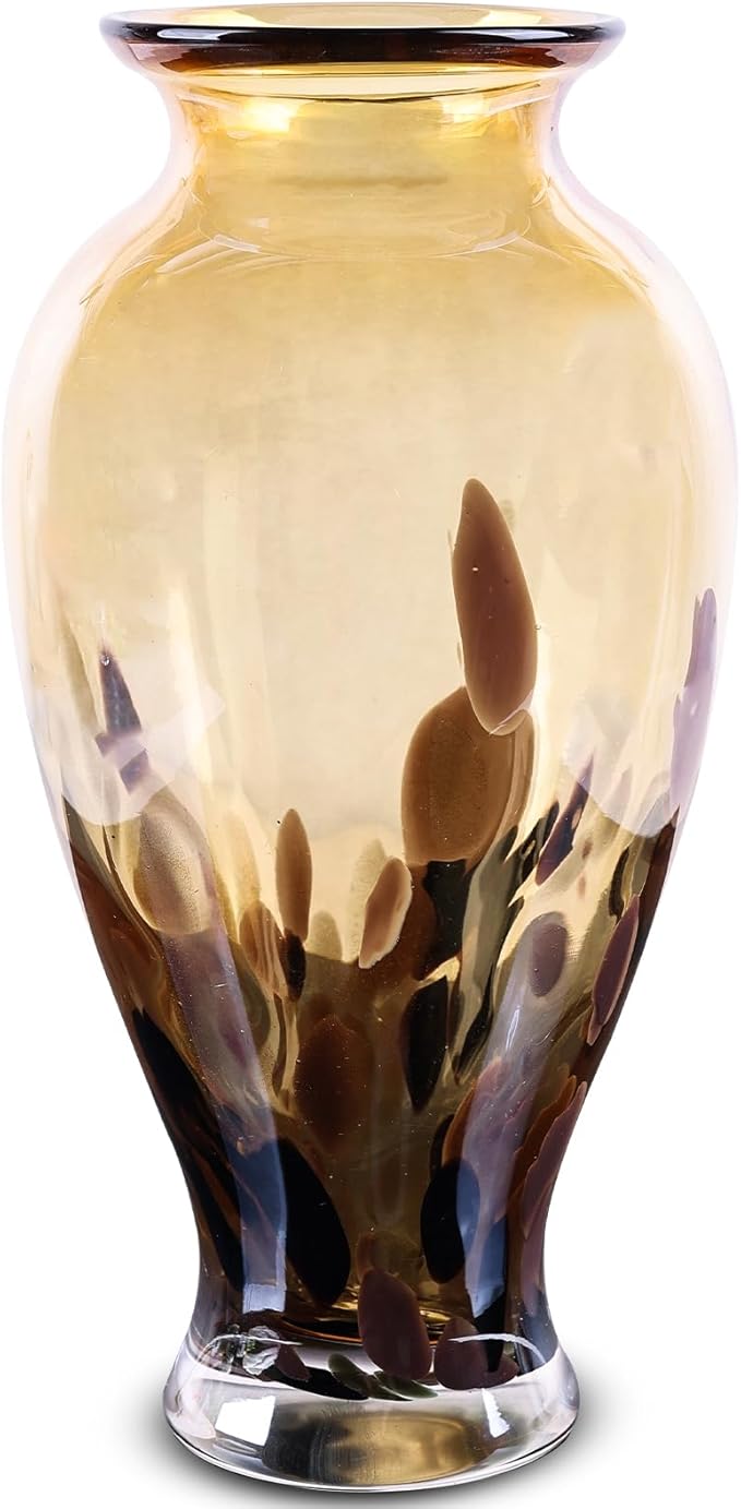 11.8" Tall Blown Amber Gold Glass Vase, Amber Opaque Glass Vase, Unique Design Wide Mouth Art Decoration for Home, Living Room, Dining Table, Pampas Grass Decor (Amber Gold)