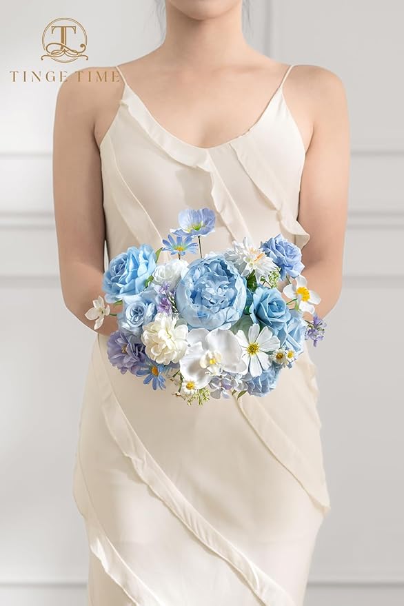 TINGE TIME Fake Flowers Artificial Flowers Peonies Bulbous Chrysanthemum Daisy Hydrangea Sunflower Violets Dahlia Daffodils Epiphyllum Orchid Cherry Blossom Camellia Leyaron (Light Blue)