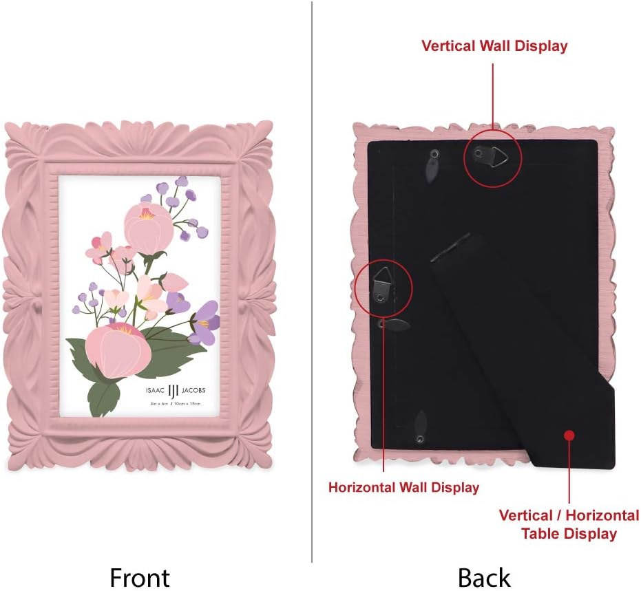 Isaac Jacobs 4x6 Pink Wave Textured Hand-Crafted Resin Picture Frame with Easel & Hook for Tabletop & Wall Display, Decorative Swirl Design Home Décor, Photo Gallery, Art, More (4x6, Pink)