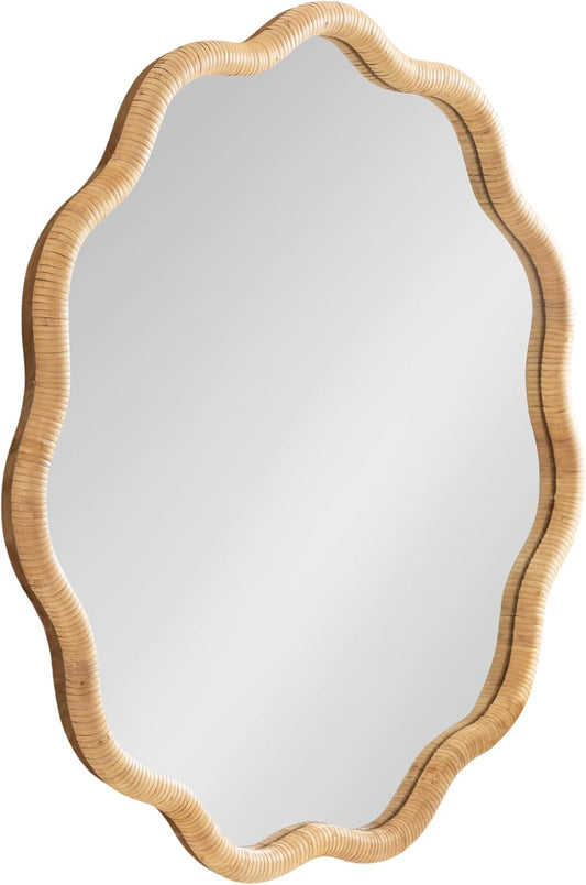 Kate and Laurel Rahfy Boho Scalloped Round Rattan Mirror, 32 Inch Diameter, Natural Wood, Decorative Round Wavy Mirror with Authentic Rattan Frame for Boho Wall Decor
