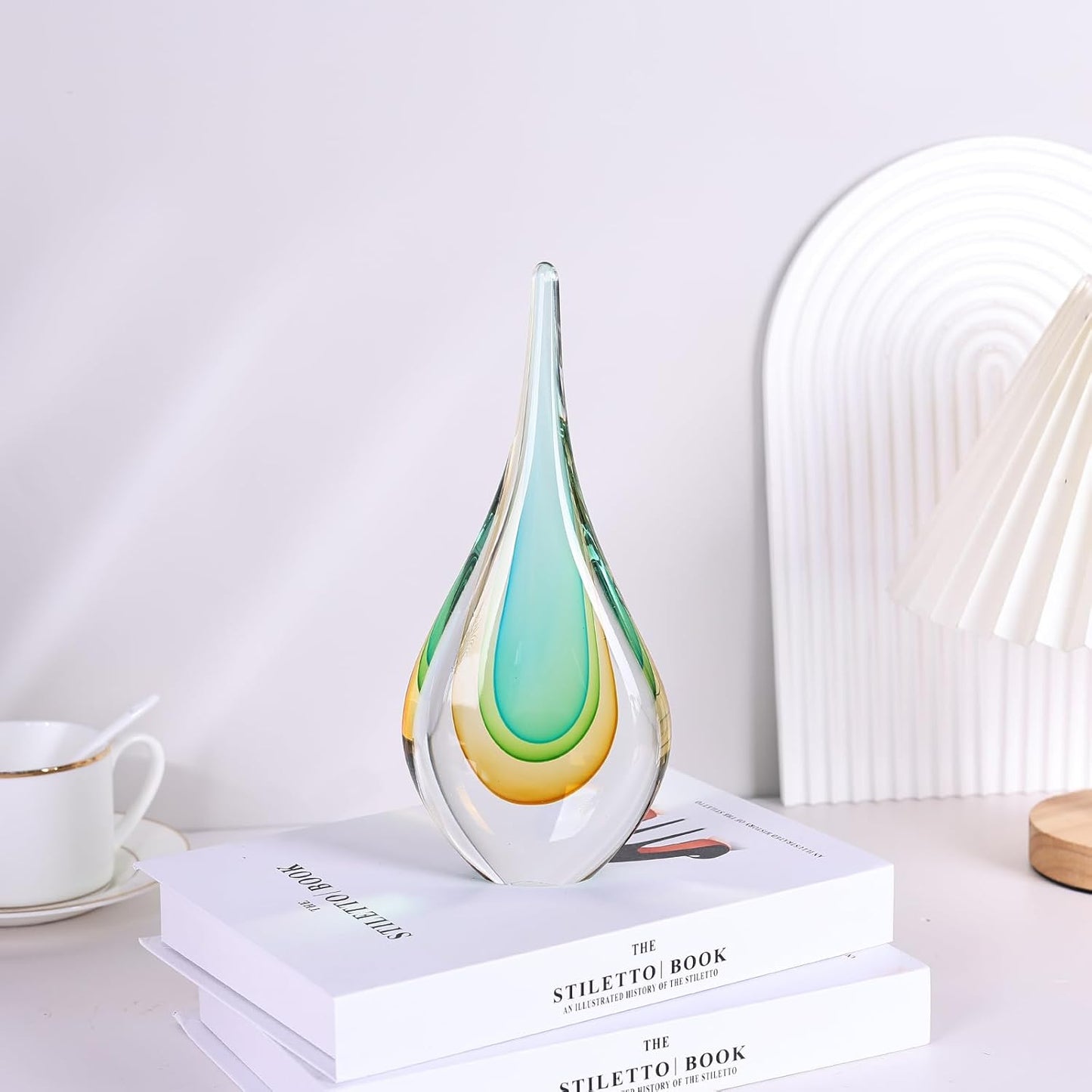 DOVDOV Blown Glass Sculpture, Light Green Glass Art Teardrop Statue, Unique Ocean Themed Decor for Office, Bookshelf, Dresser, Living Room Coffee Table, Fireplace countertop Decor.