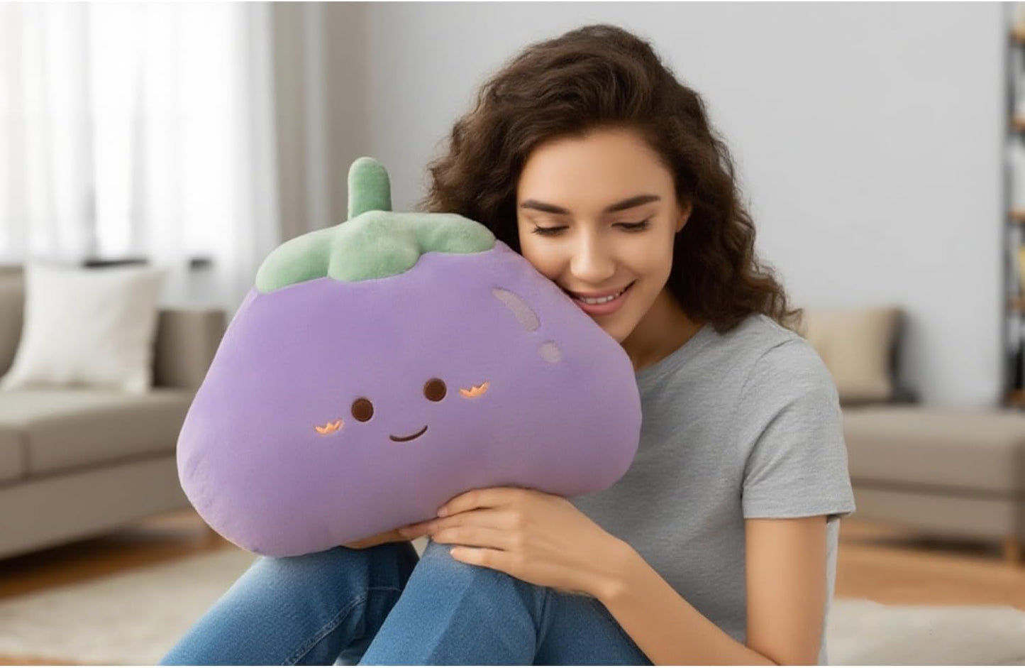 Eggplant Throw Pillows Decorative Cute Soft Vegetable Hugging Pillow Stuffed Food Soft Plush Cushion Décor for Birthdays Gifts Home Decor (Purple)