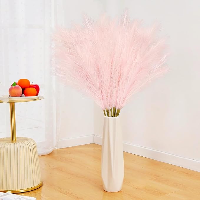 35" Pink Faux Pampas Grass Decor, 8pcs Large Tall Fluffy Artificial Pompous Grass Branches Floral Fake Pompas Grass Bulrush Floor Vase Filler Flower Arrangement for Home Wedding Boho Decor