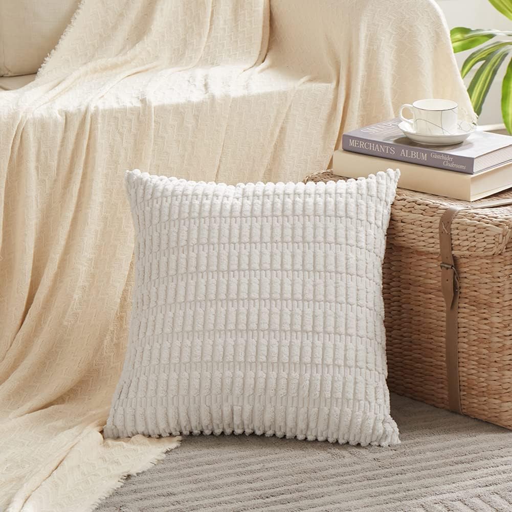 Fancy Homi 4 Packs Pure White Decorative Throw Pillow Covers 18x18 Inch for Living Room Couch Bed, Rustic Modern Farmhouse Boho Home Decor, Soft Plush Corduroy Cute Accent Square Cushion Case 45x45 cm