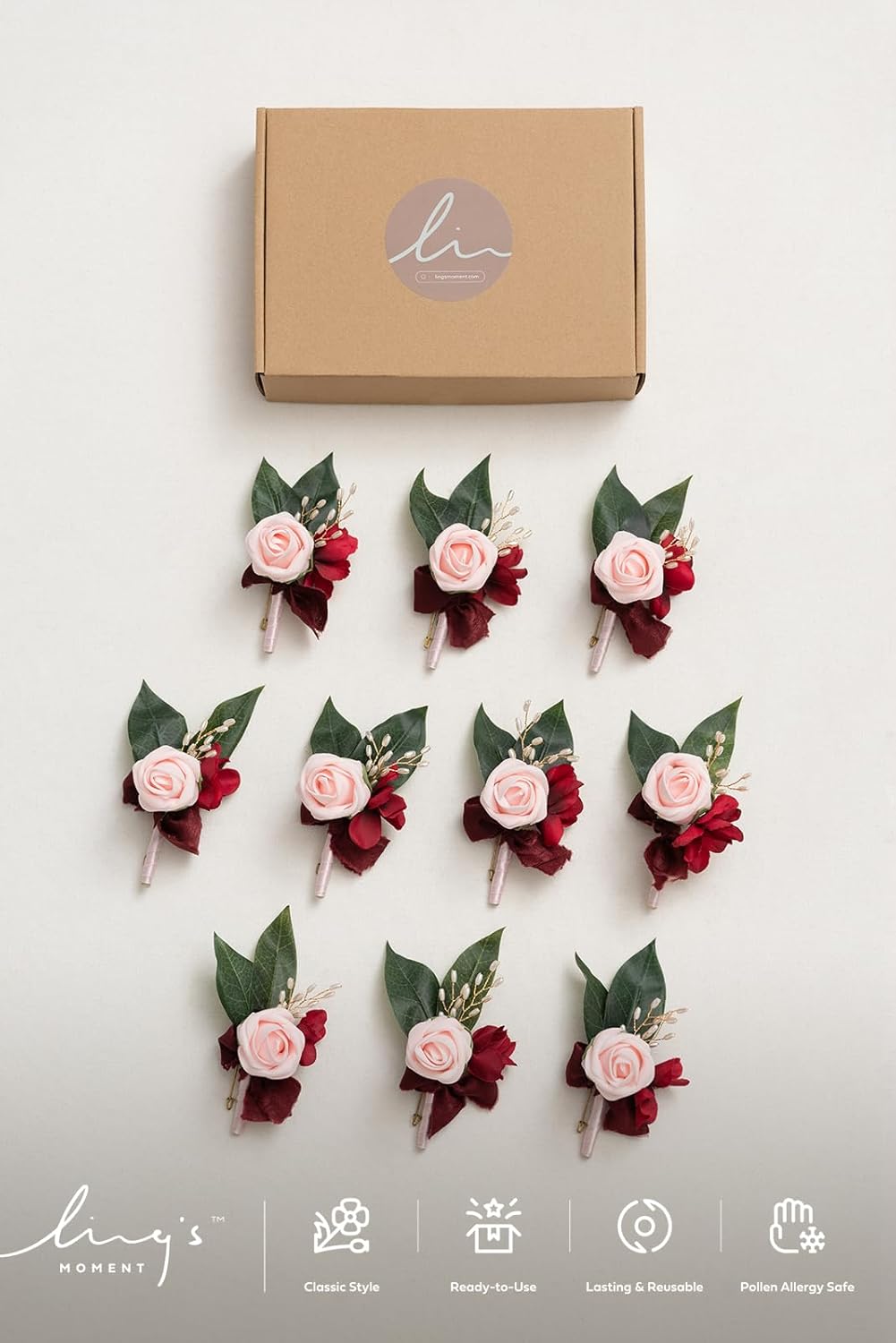 Ling's Moment Boutonniere for Men, 10pcs Groomsmen Guest Boutonniere, Artificial Flowers for Wedding Décor/Prom/Homecoming,etc.Red Blush Pink