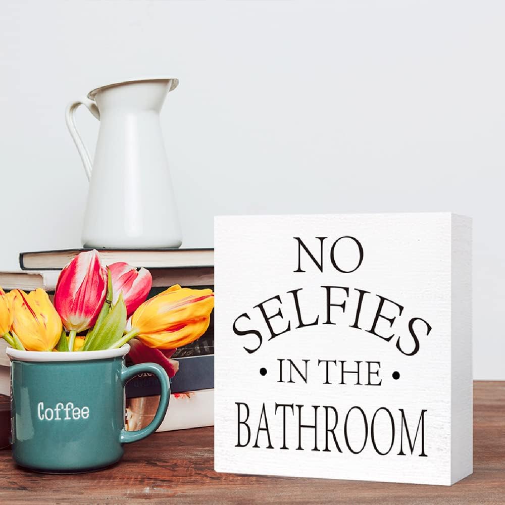 Funny Wood Sign - No Selfies in the Bathroom | Wooden Block Sign for Bathroom Shelf, Toilet, Restroom, Home Tabletop Decor