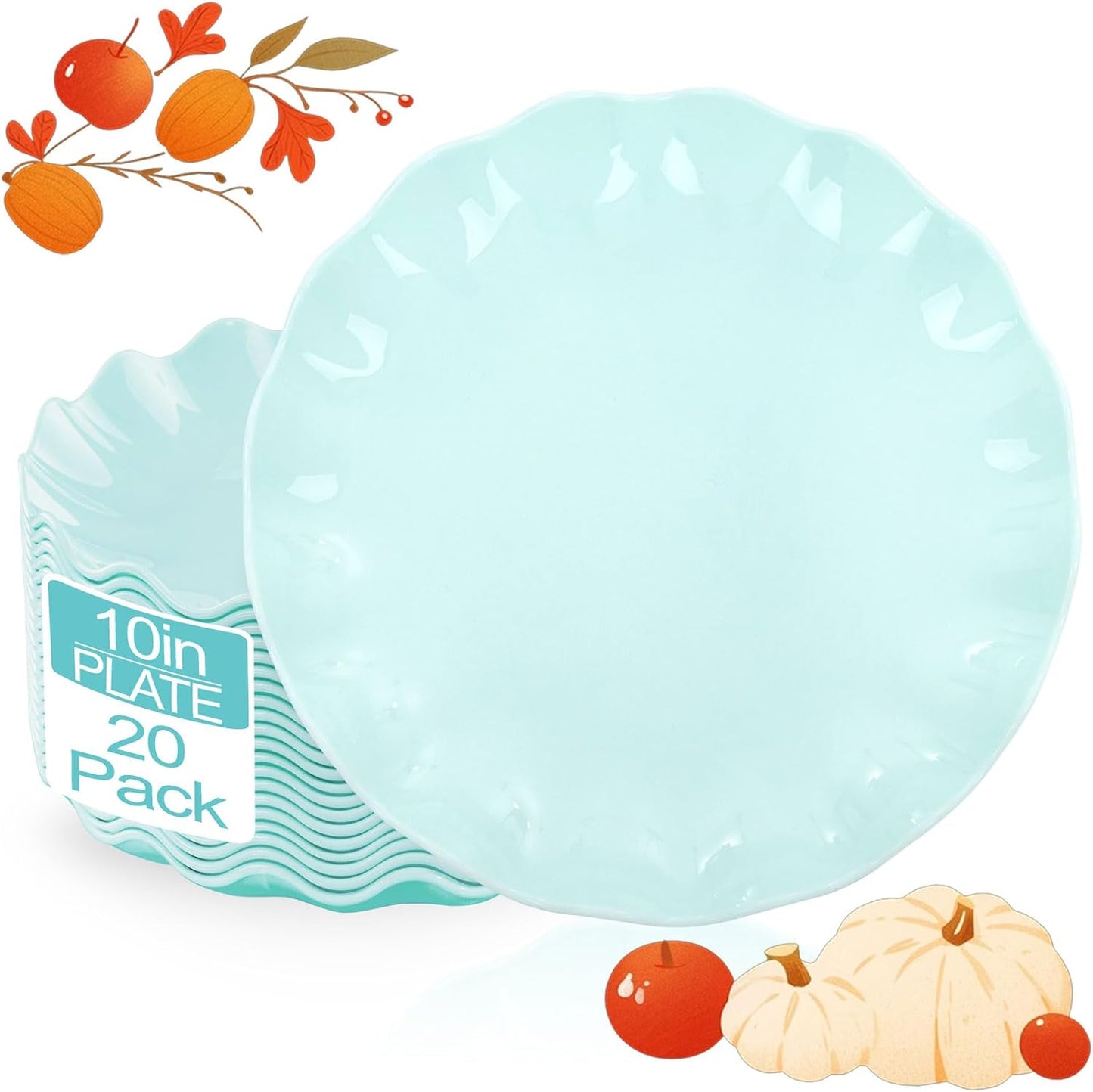 LIYH 20 Pcs 10 Inch Ice Blue Plastic Plates Reusable - Unbreakable Light Blue Scalloped Plastic Outdoor Plates Dishwasher Safe for Party